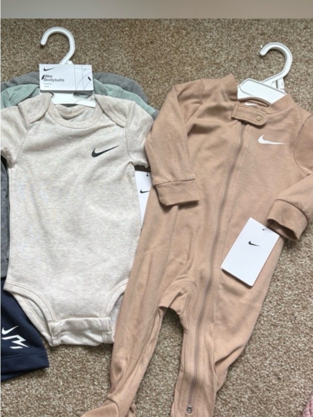 Nike onesies and sleeper 9 month baby bundle neutral colors for boys or girls